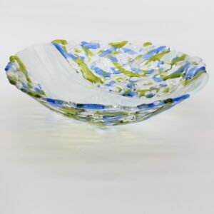 Green and Blue abstract fused glass bowl