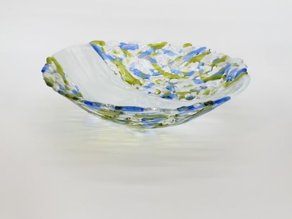 Green and Blue abstract fused glass bowl